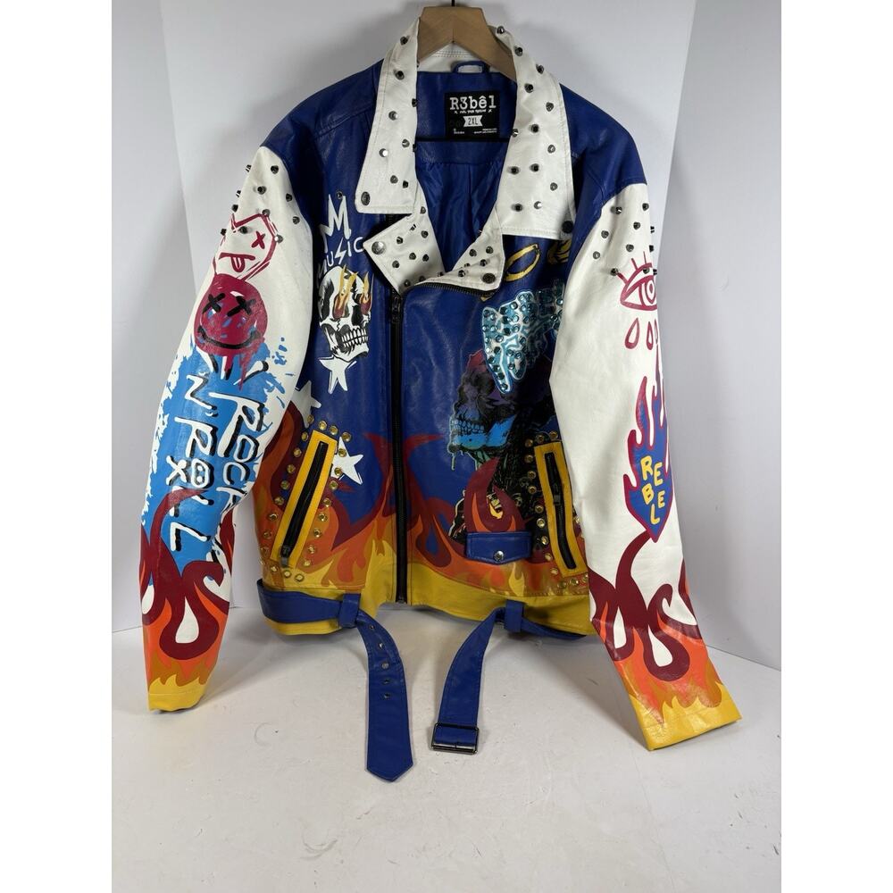 R3bel Death Rider Studded Faux Leather Jacket 2XL Skull Flame Punk